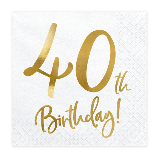 white square napkin with '40th birthday!' in stylized gold text