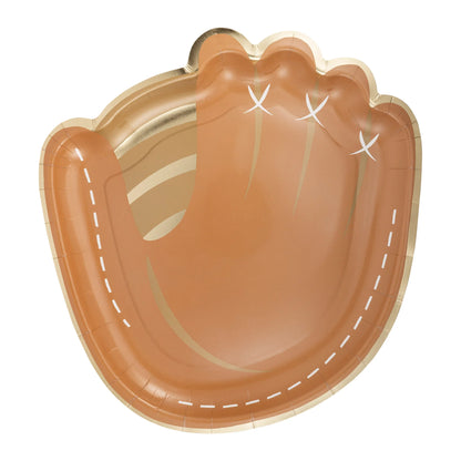 brown baseball shaped paper party plate with stitching marks