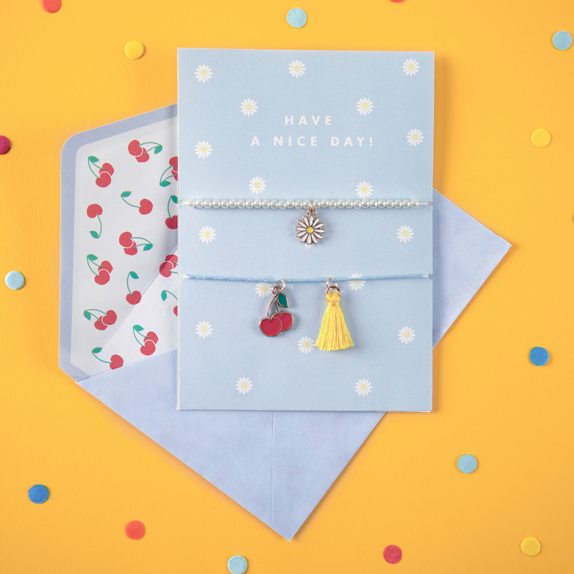 HAVE A NICE DAY! BRACELET CARD WITH CHERRIES AND DAISYS 