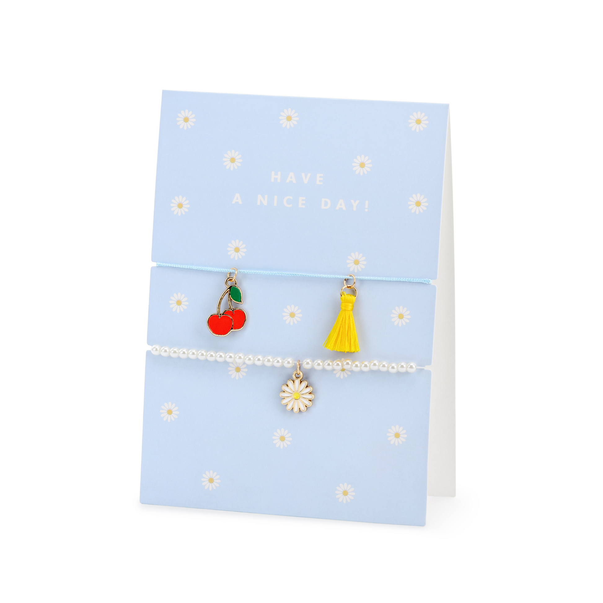 PEARL WITH DAISY CHARM + DRAWSTRING CHERRIES BRACELET CARD