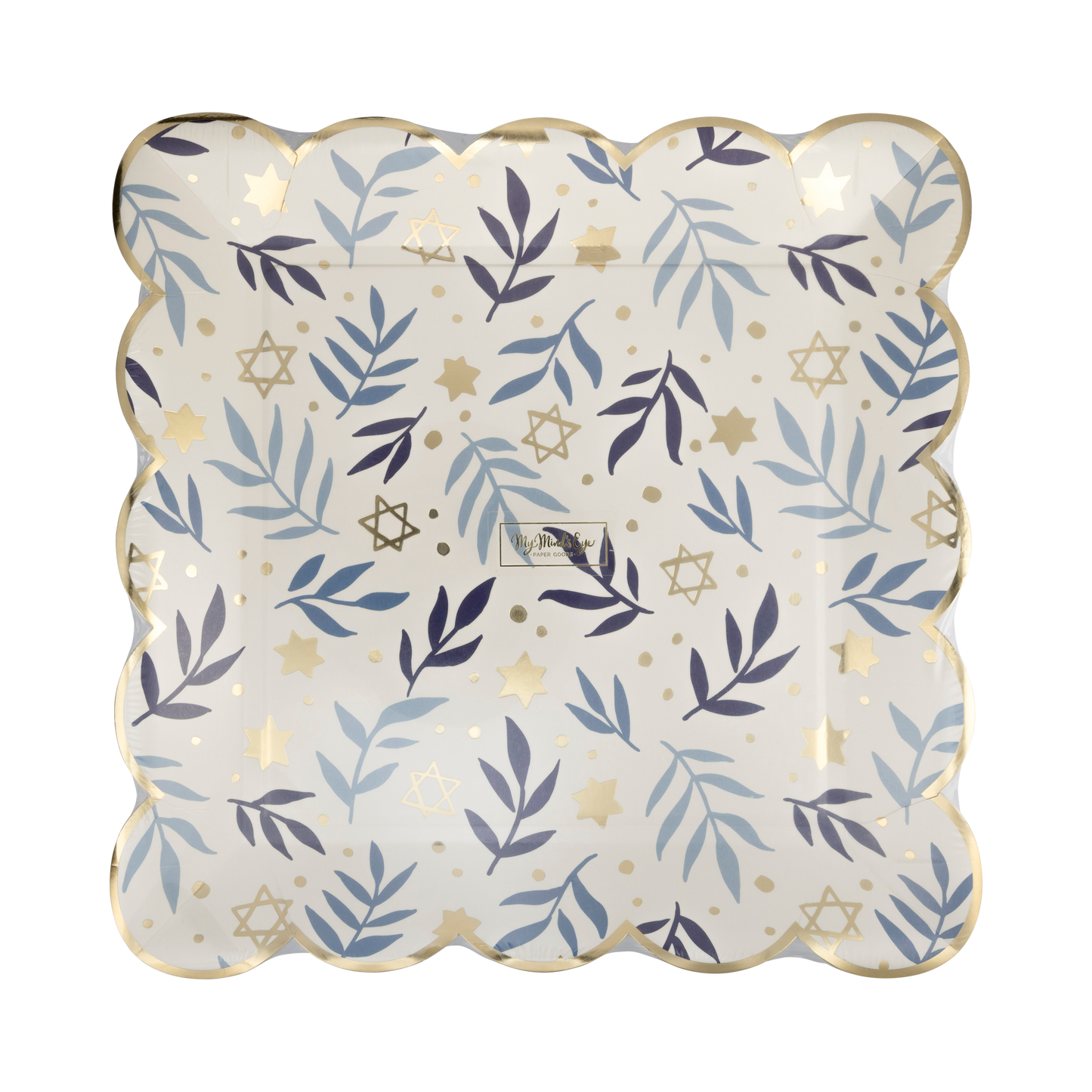 Hanukkah disposable dinner plates with stars and branches pattern 