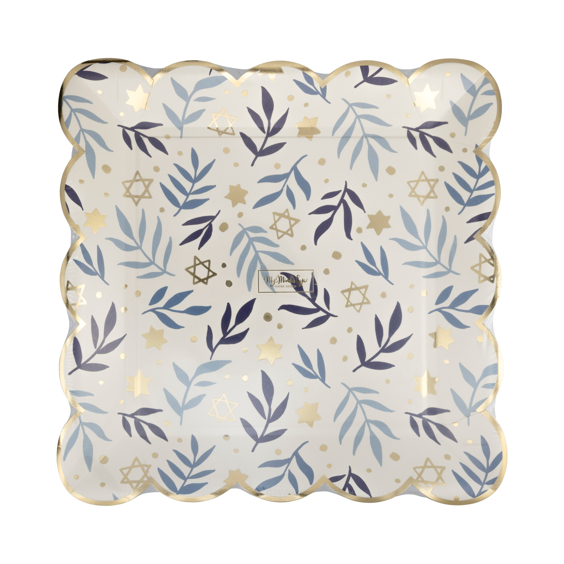 Hanukkah disposable dinner plates with stars and branches pattern 