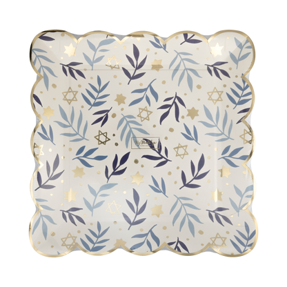 Hanukkah disposable dinner plates with stars and branches pattern 