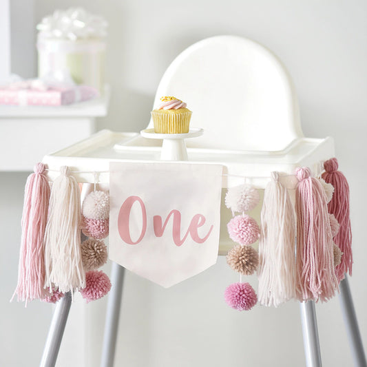 little miss one-derful high chair banner with pom poms and yarn tassel