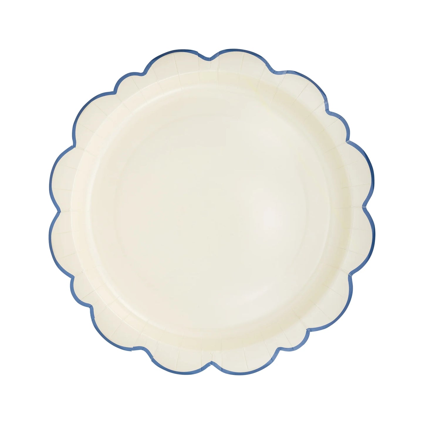 white paper plate with scalloped edge and blue border