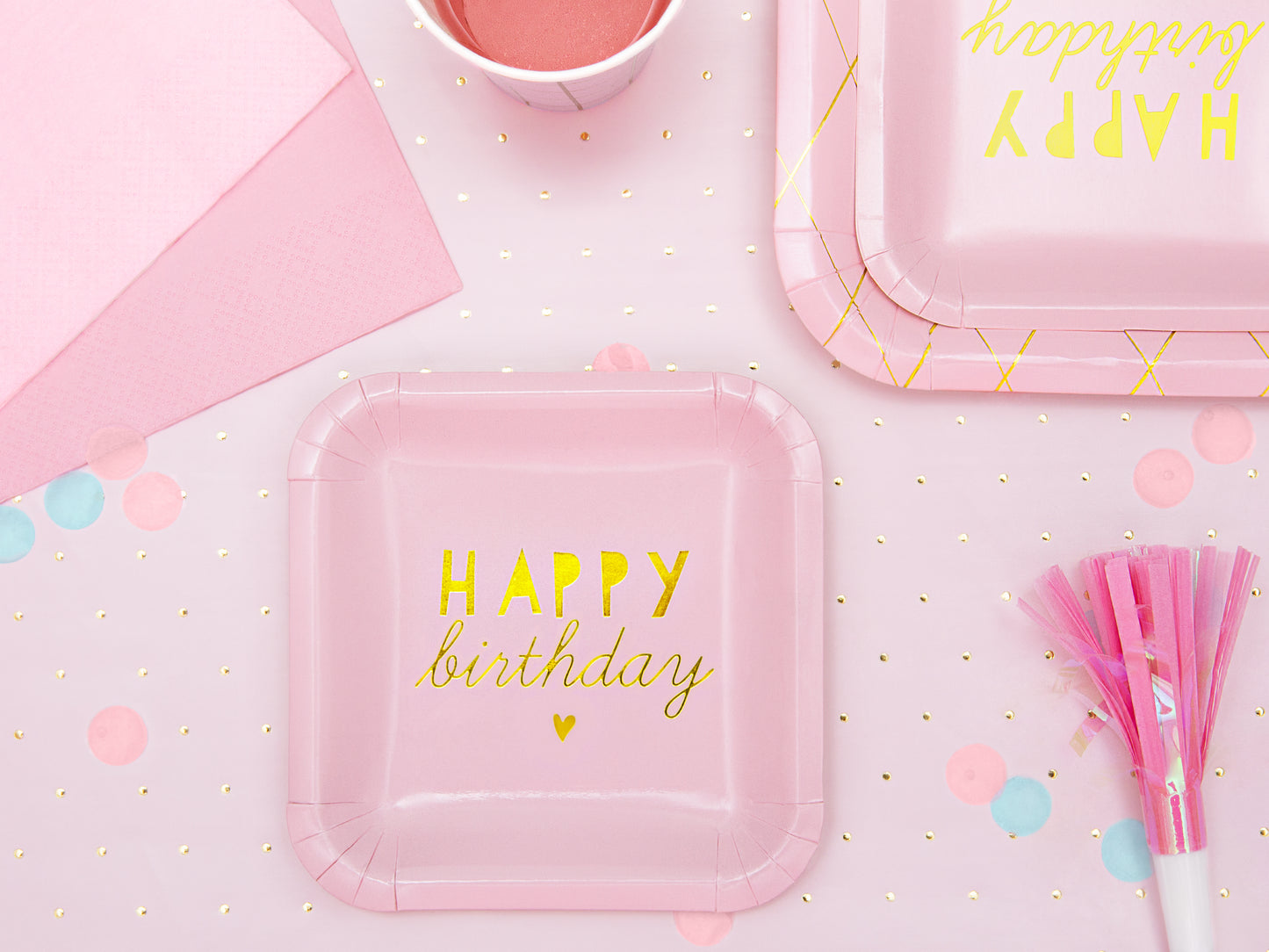 HAPPY BIRTHDAY PINK PLATE WITH PINK PARTY HORN