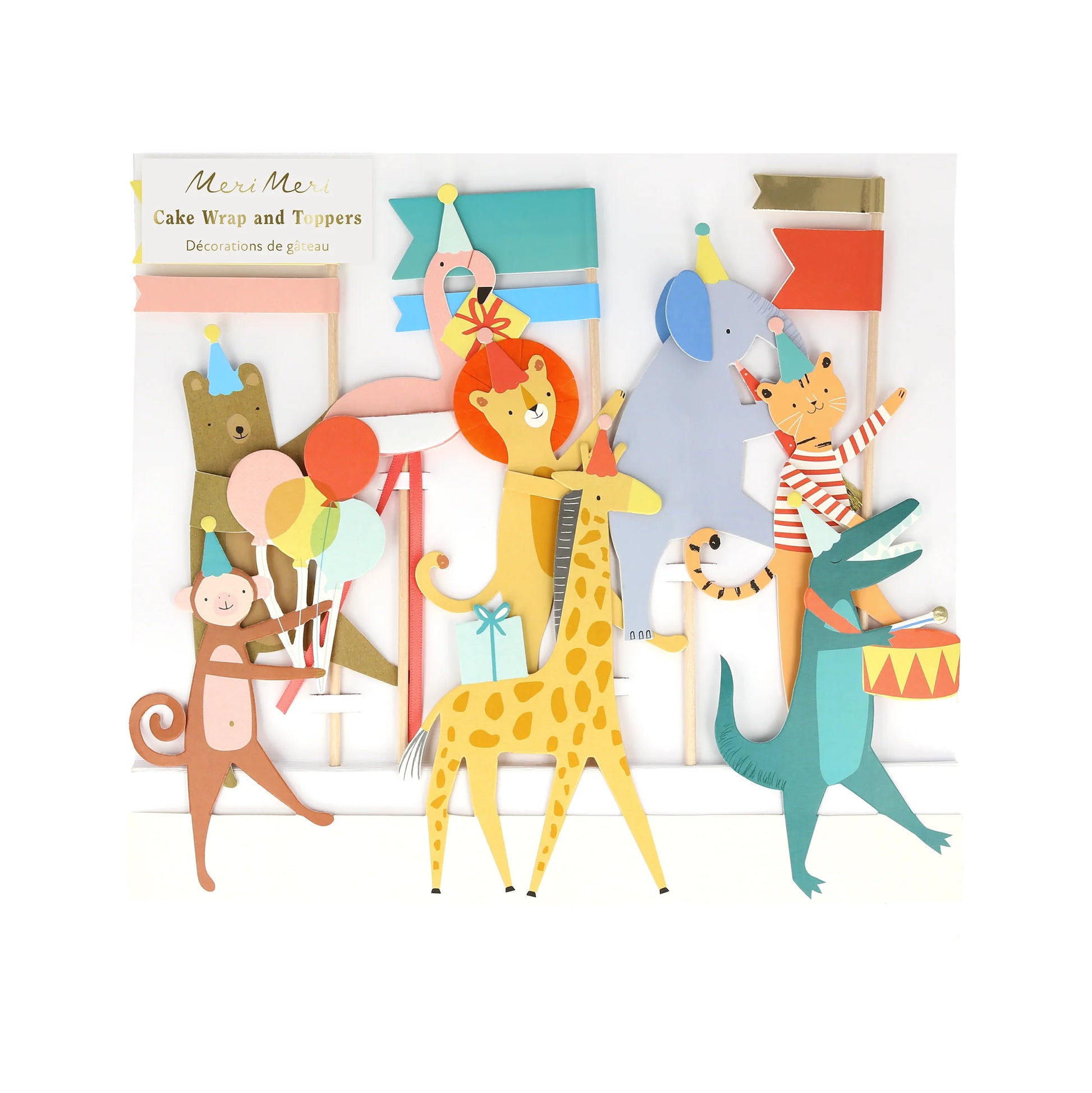 animal parade cake toppers featuring a bear, flamingo, elephant, lion, giraffe, tiger, monkey and aligator playing instruments, holding balloons and wearing party hats