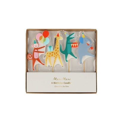 animal parade candles by meri meri - pack of 4 candles - monkey, giraffe, crocodile, elephant