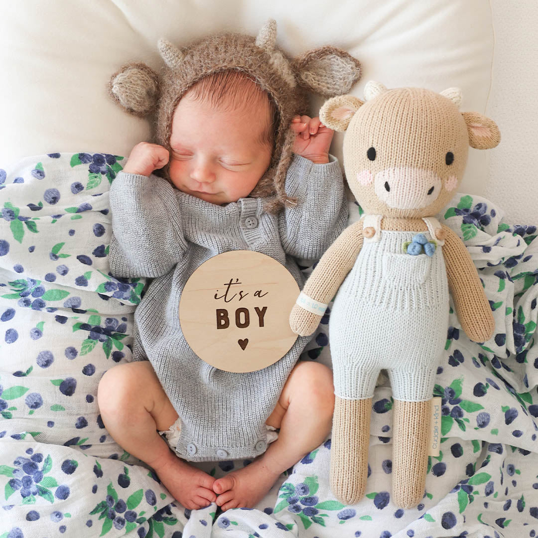 new born posing with asher the cow