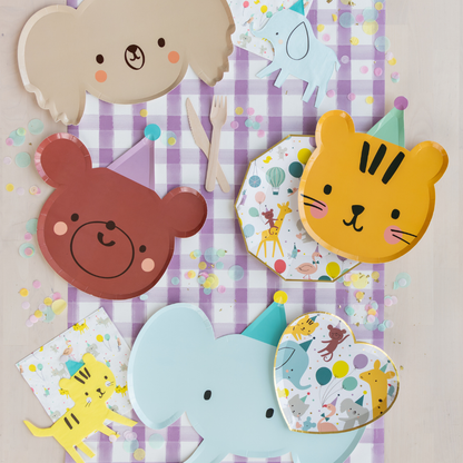 baby animal baby shower party supplies featuring: koala, bear, tiger and elephant plates and napkins 