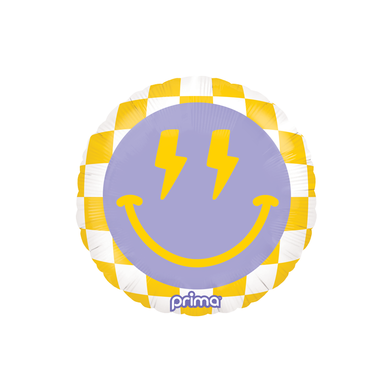 back side with purple and yellow happy face with lightning bolt eyes