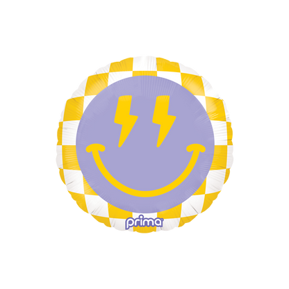 back side with purple and yellow happy face with lightning bolt eyes