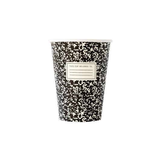 Paper cup with black and white composition notebook pattern. Front label reads 'THIS CUP BELONGS TO:' with blank lines for personalization.