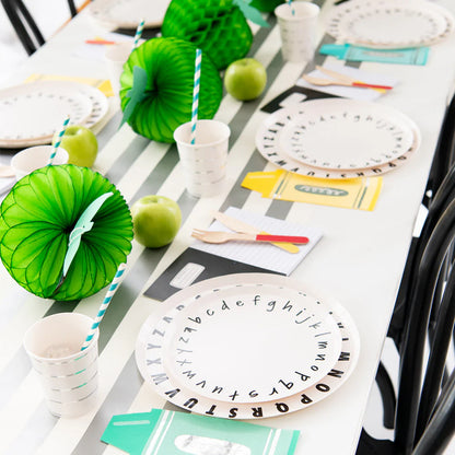 back to school party table with themed decor