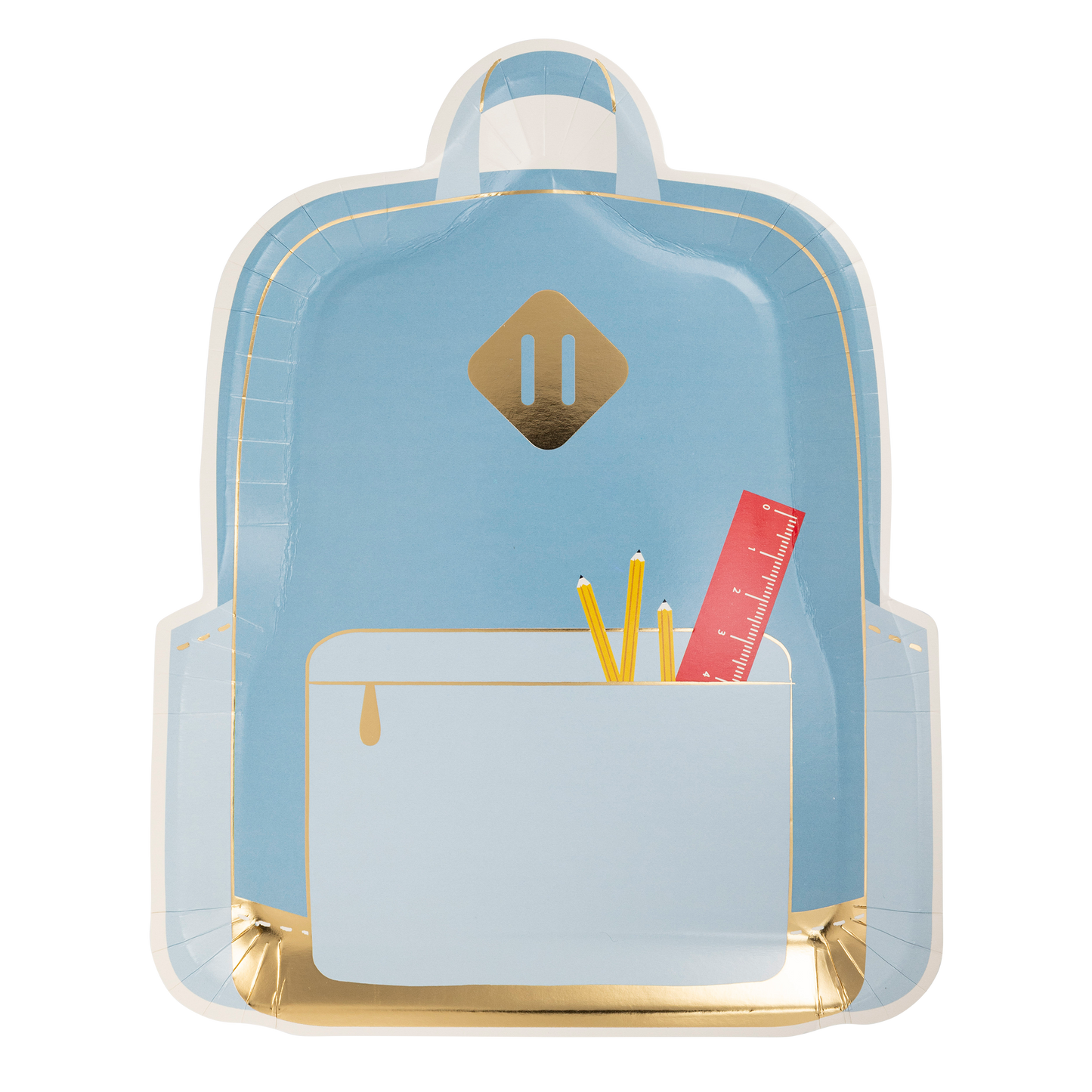 backpack shaped paper party plate in a blue colour with pencils and a ruler in the front pocket