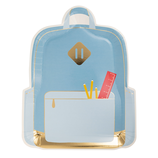 backpack shaped paper party plate in a blue colour with pencils and a ruler in the front pocket