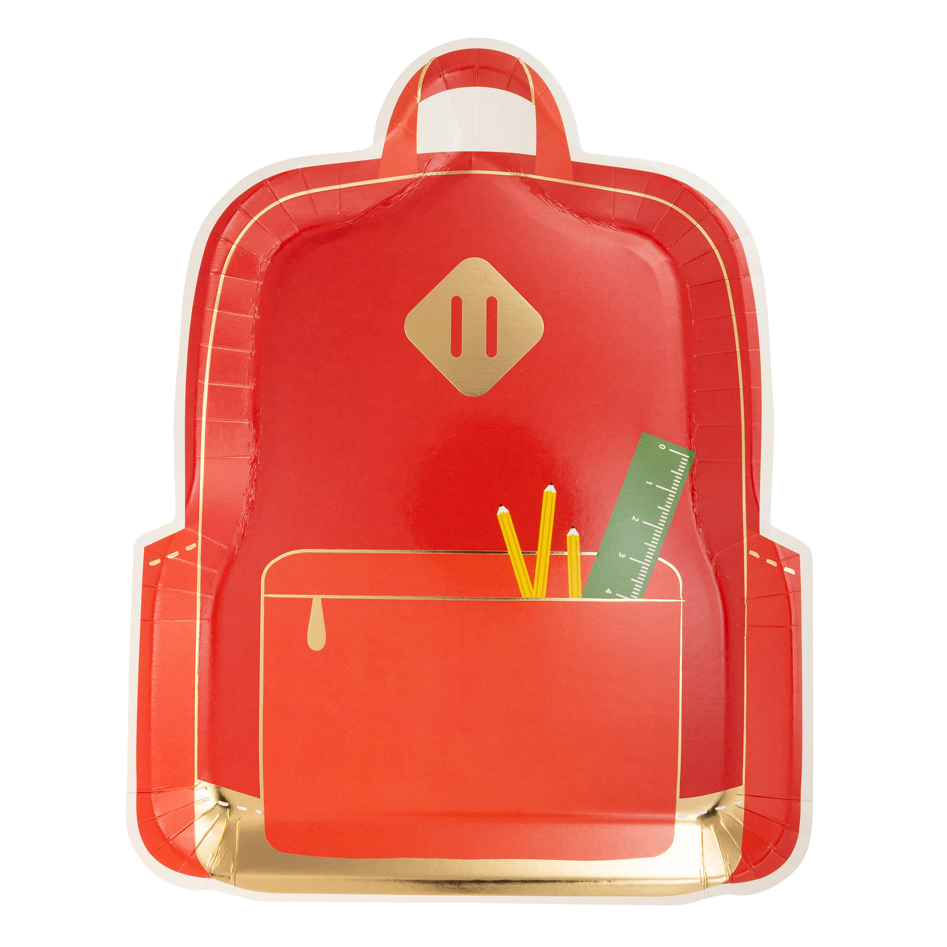 a red backpack shaped paper party plate with pencils and a ruler in the front pocket