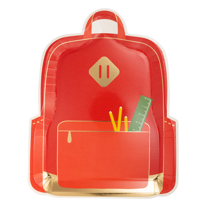 a red backpack shaped paper party plate with pencils and a ruler in the front pocket