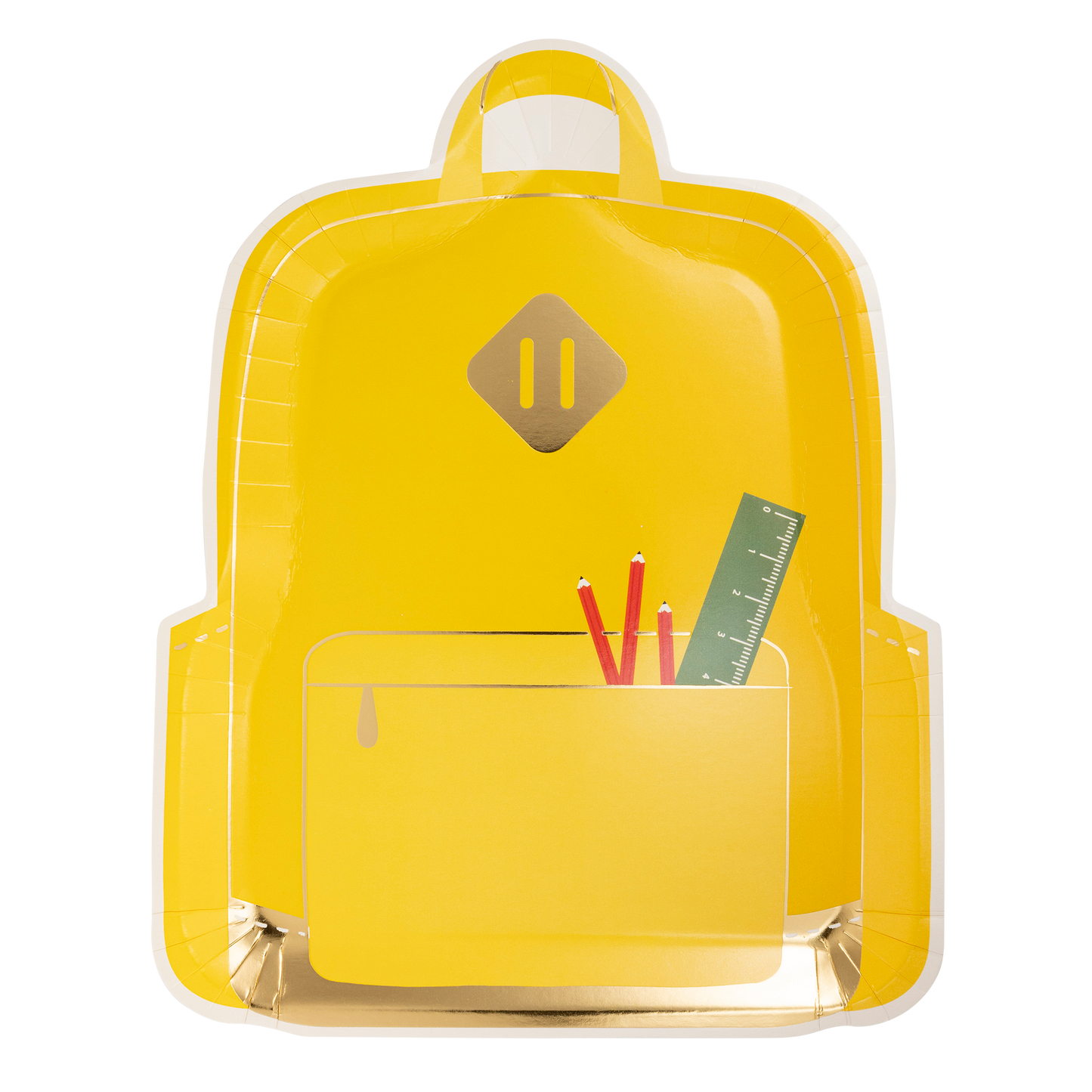 a yellow backpack shaped paper party plate with pencils and a ruler in the front pocket