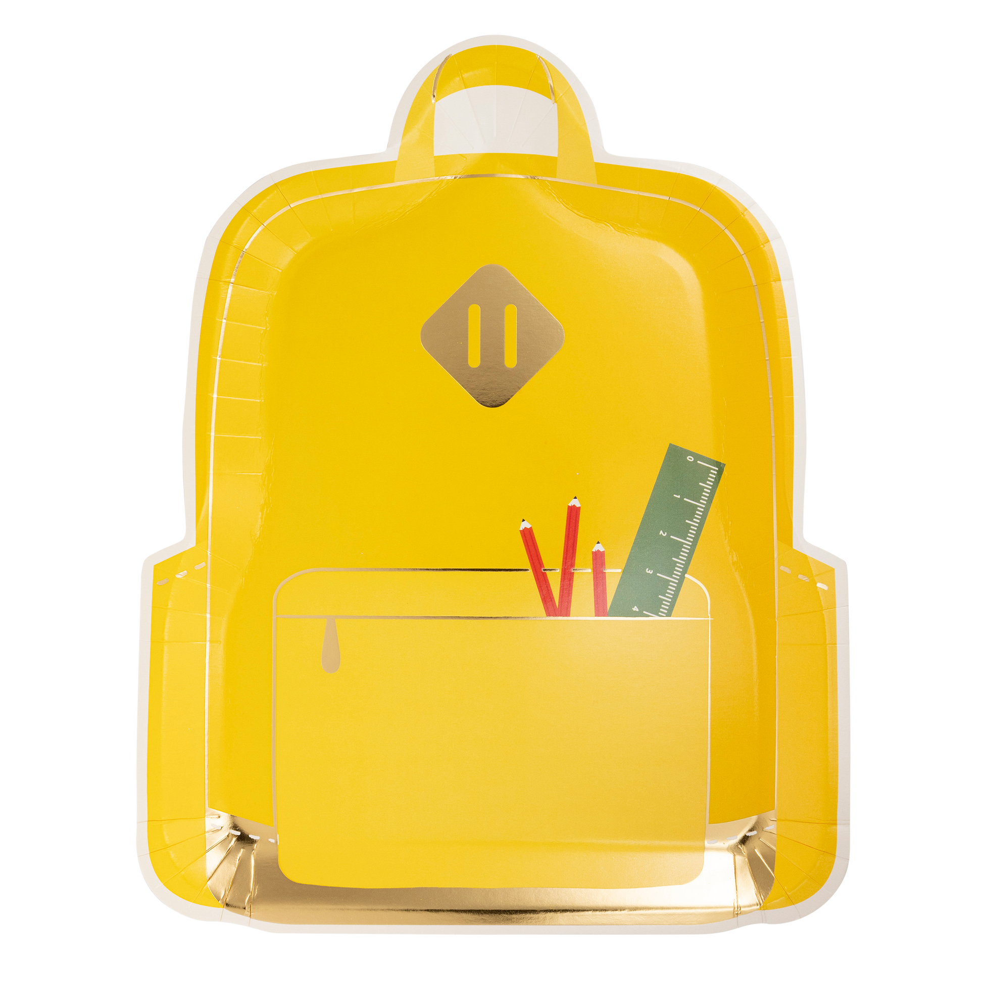 a yellow backpack shaped paper party plate with pencils and a ruler in the front pocket