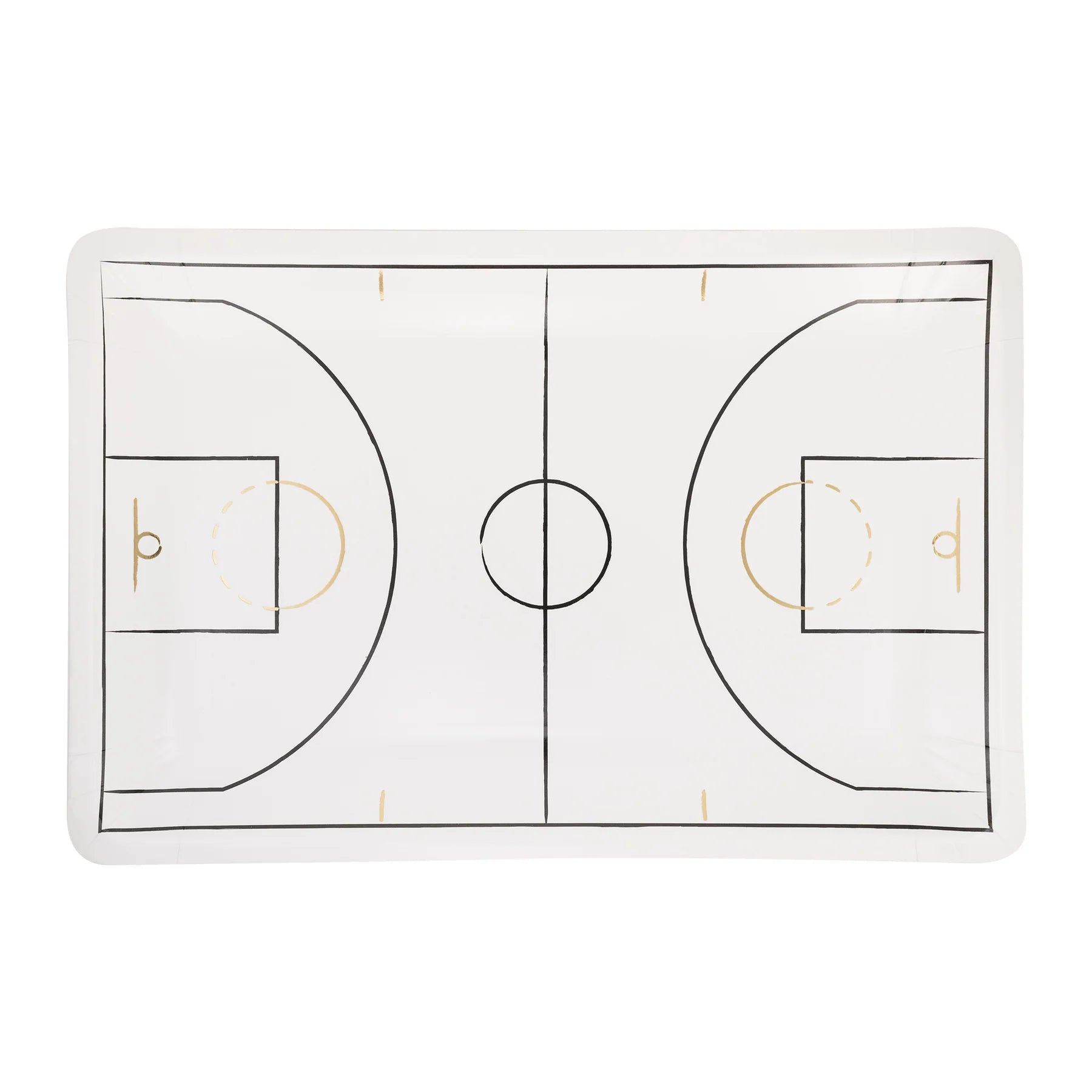 white, black and gold rectangle shaped paper plate featuring a basketball court design