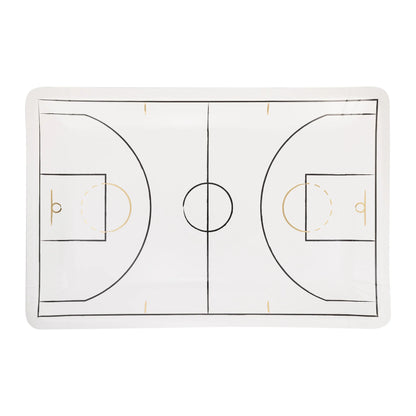 white, black and gold rectangle shaped paper plate featuring a basketball court design