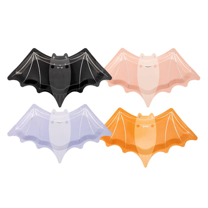 black, purple, orange and black bat shaped paper plates