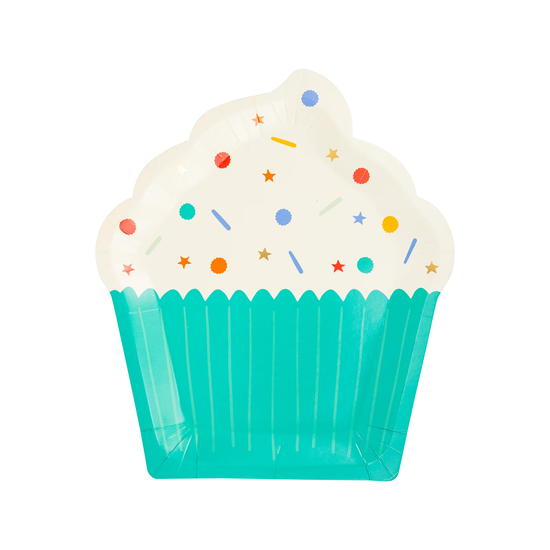 a cupcake shaped paper plate with a teal blue baking liner and white frosting with sprinkles