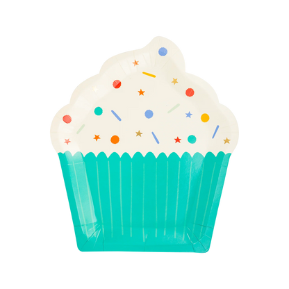 a cupcake shaped paper plate with a teal blue baking liner and white frosting with sprinkles