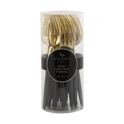 black and gold mini tasting forks packaging 