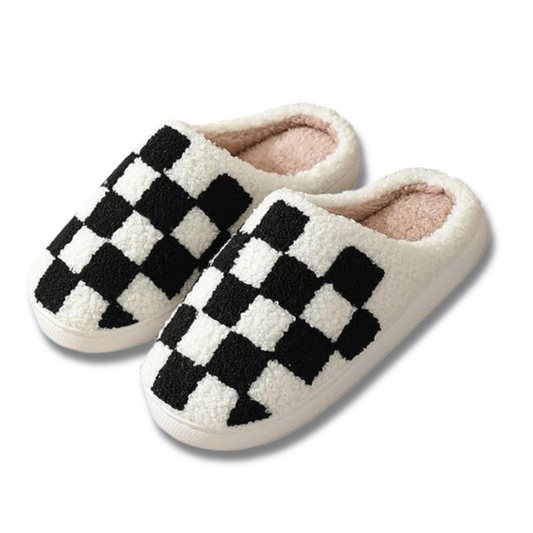 black and white fuzzy checkered slippers 