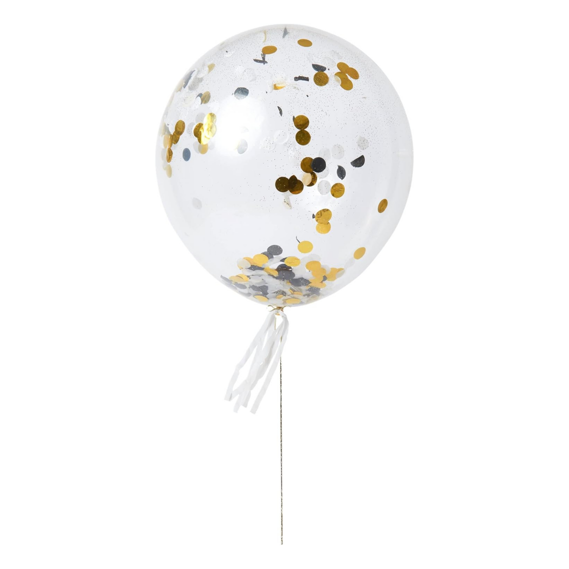 clear balloon with white gold and black confetti inside