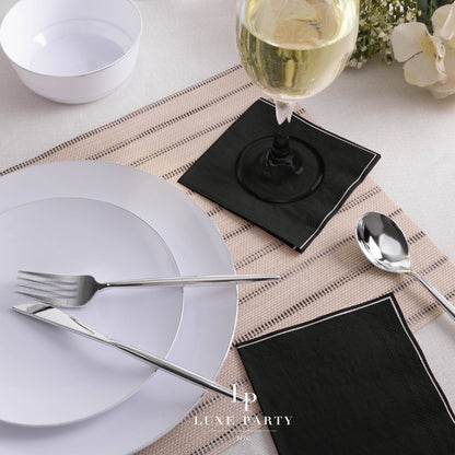 luxe party black with silver stripe cocktail napkins with white and silver trim plates