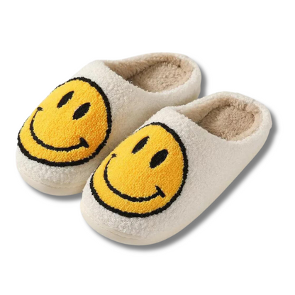 FUZZY HAPPY FACE SLIPPERS - BLACK + YELLOW