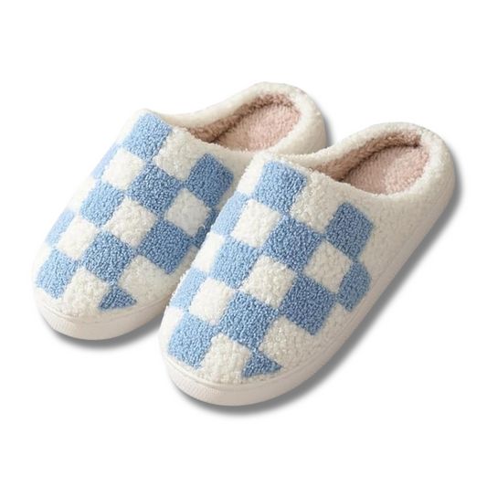 FUZZY BLUE CHECKERED SLIPPERS