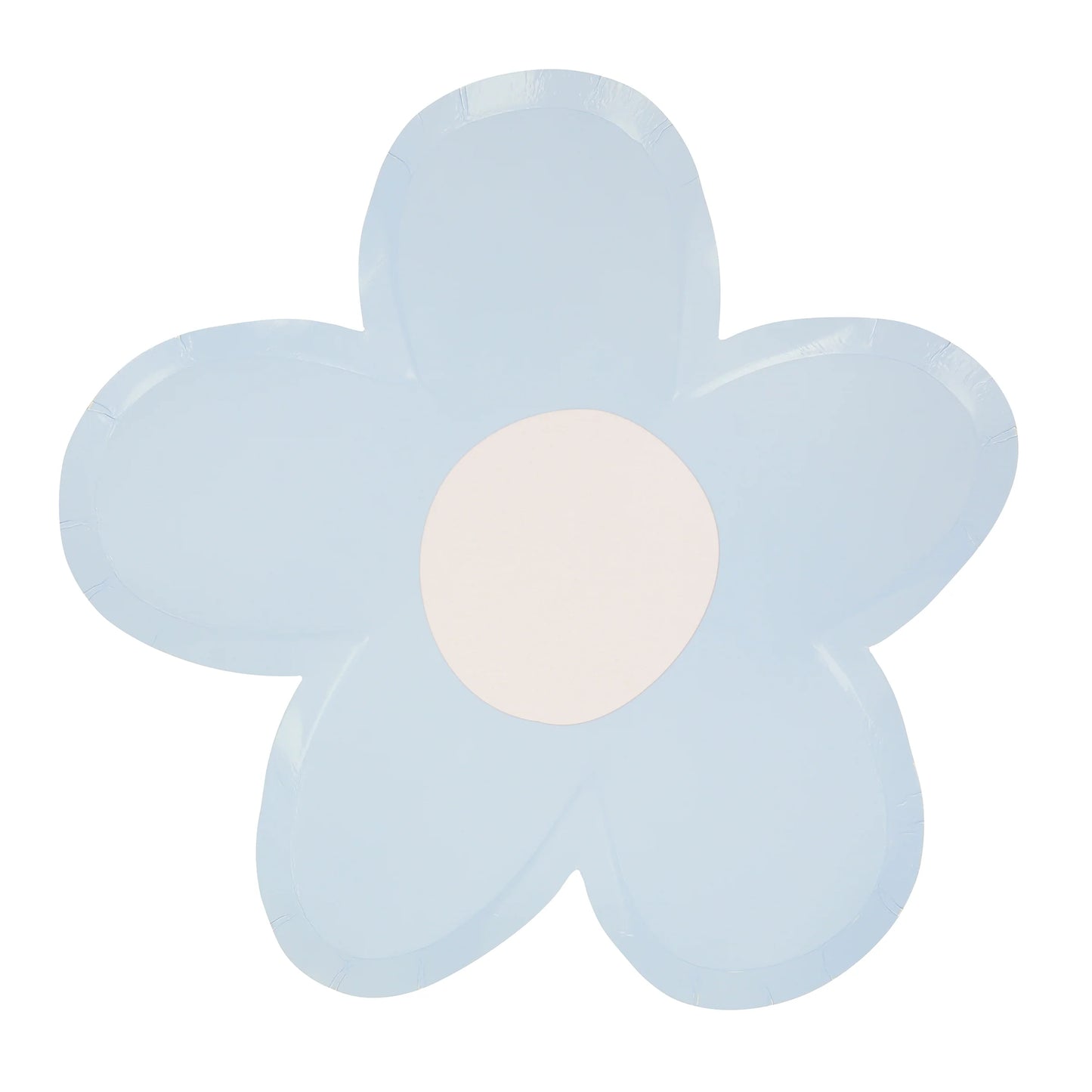 Blue daisy plate with white center on a white background.