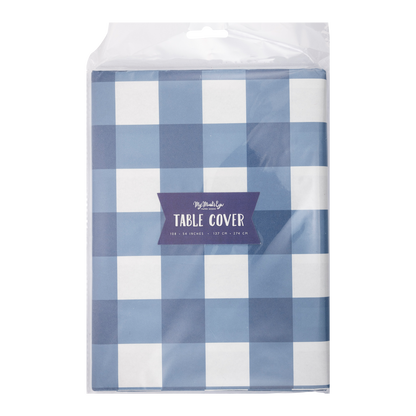 blue and white gingham table cover 