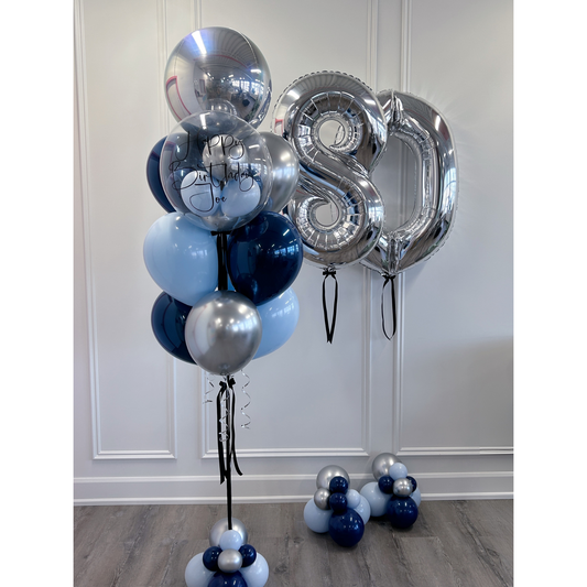 sapphire blue, chalk blue and silver latex balloons with a personalized clear balloon and silver jumbo foil numbers