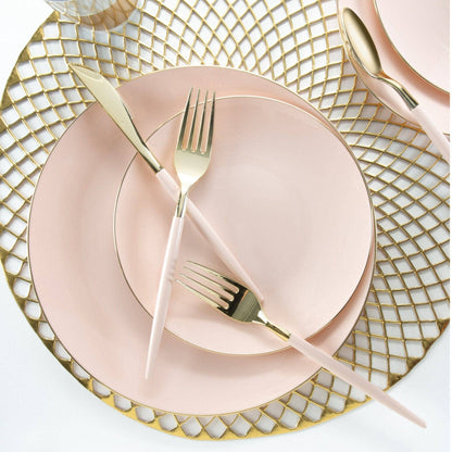 blush and gold dinner and side plate with blush and gold cutlery plate setting 