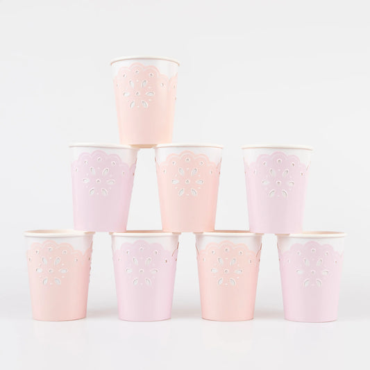 broderie anglaise lace multi cups by meri meri in pink and peach pack of 8 