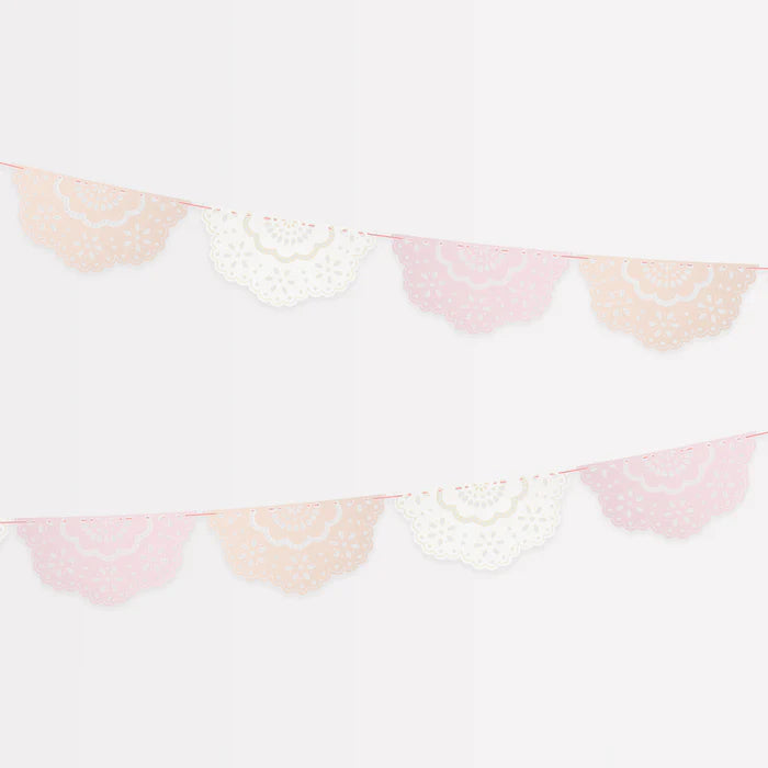 broderie anglaise lace multi pennant garland in pink, peach and ivory by meri meri 