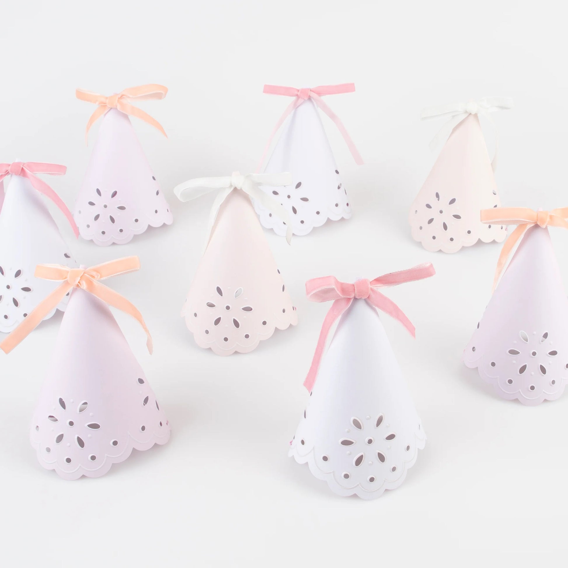 broderie anglaise lace party hats by meri meri in three colours -pink, peach and ivory - pack of 8 