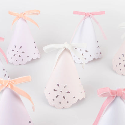 broderie anglaise lace party hats by meri meri in three colours -pink, peach and ivory with matching bow 