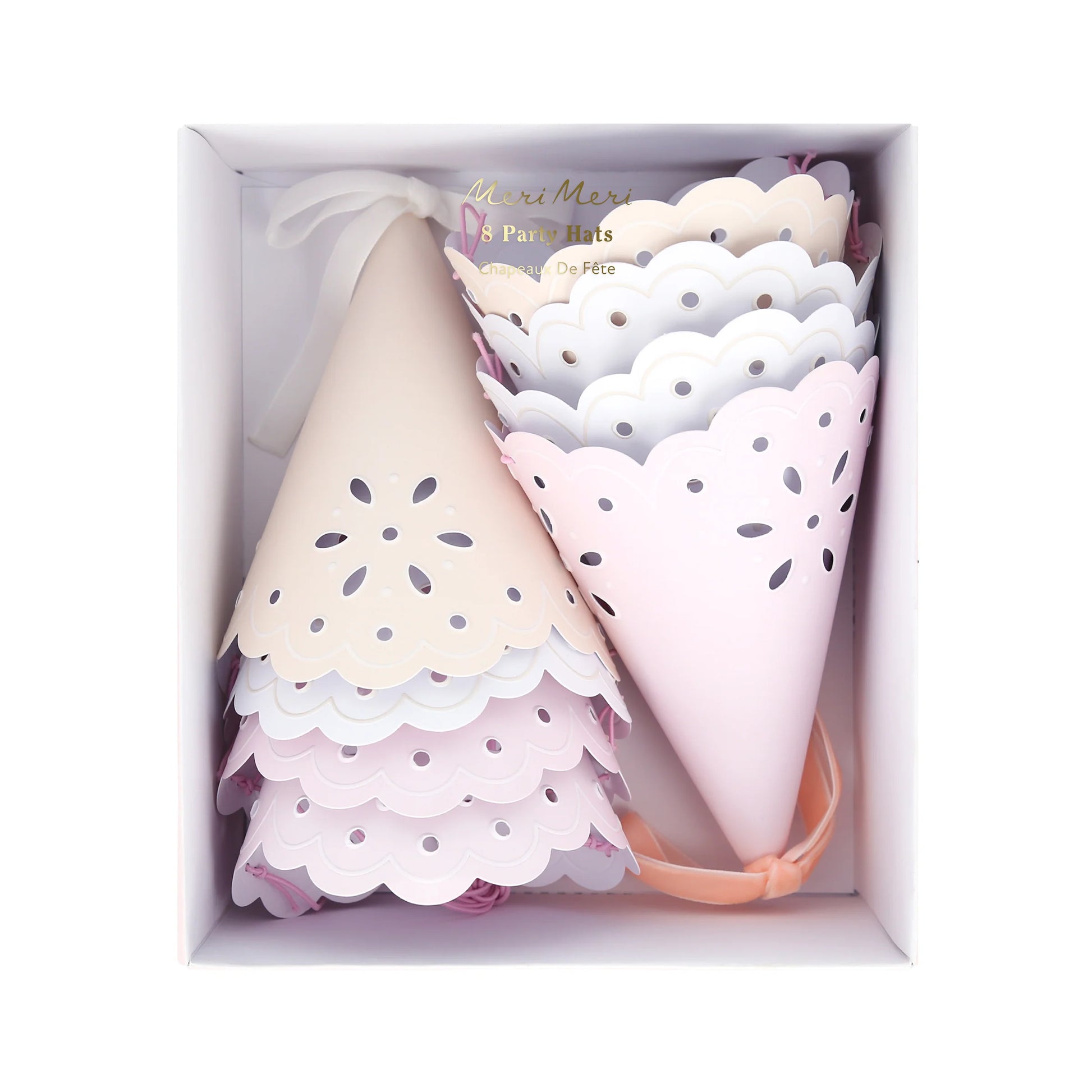 broderie anglaise lace party hats by meri meri in three colours -pink, peach and ivory - pack of 8 packaging 