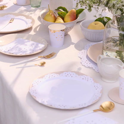 broderie anglaise lace white large napkins tablescaple with matching paper plates, cups and cutlery 