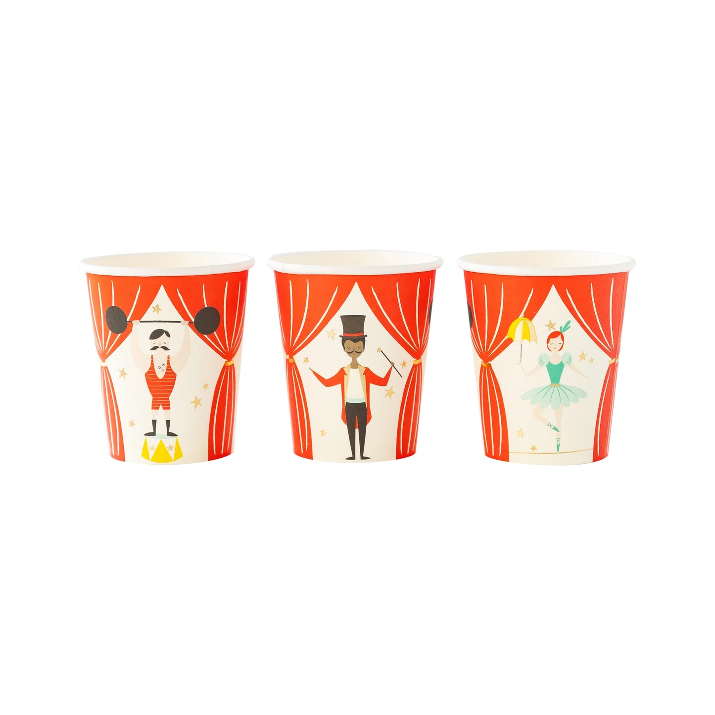 3 paper cups displayed in a row, each featuring a different carnival act