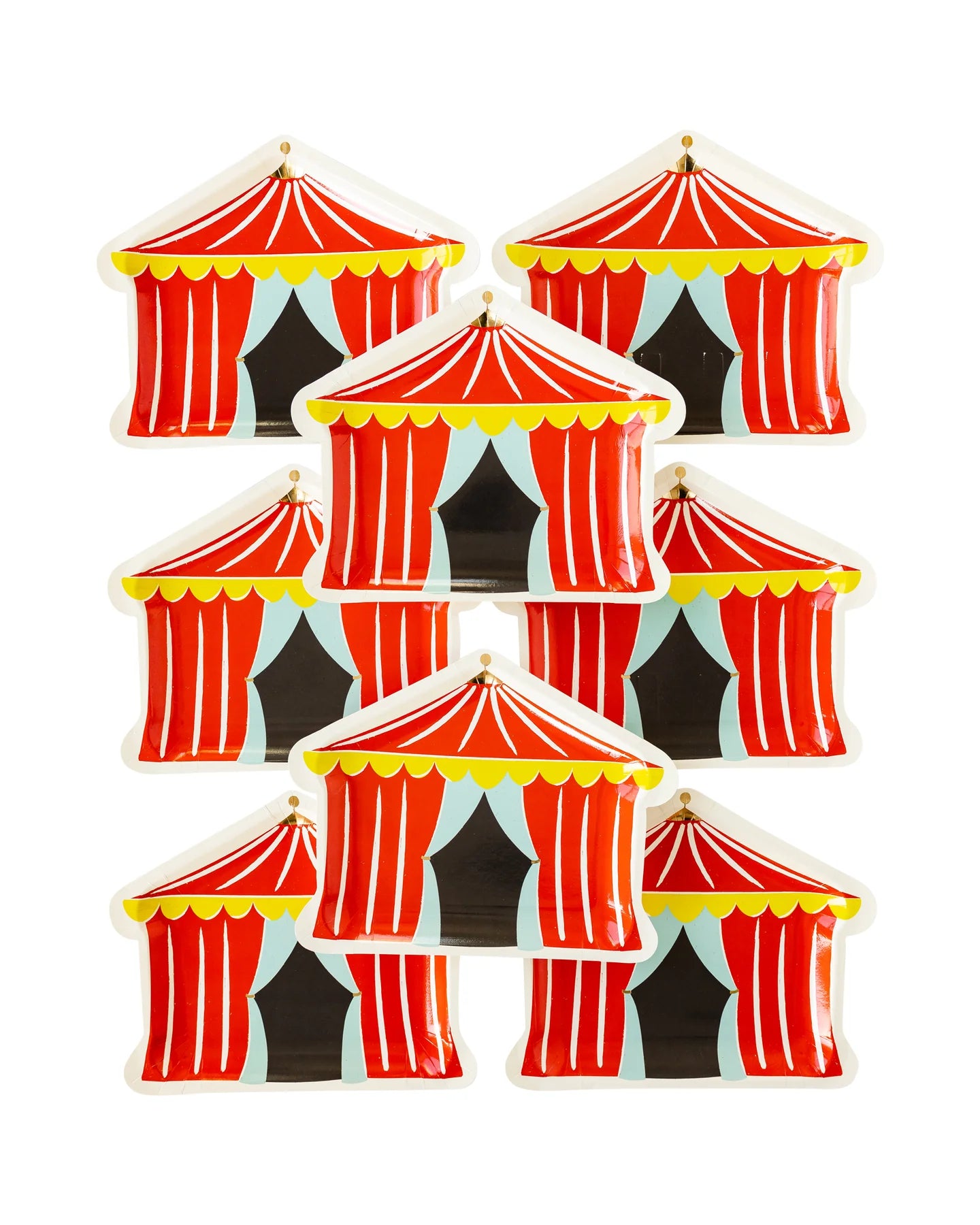 "Flat lay of nine circus tent-shaped paper plates with red and white stripes, yellow scalloped edges, and black entrance curtains."