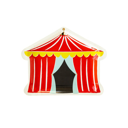 Circus tent-shaped party plate with red and yellow stripes, white trim, yellow scalloped border, and black entrance with blue accents.