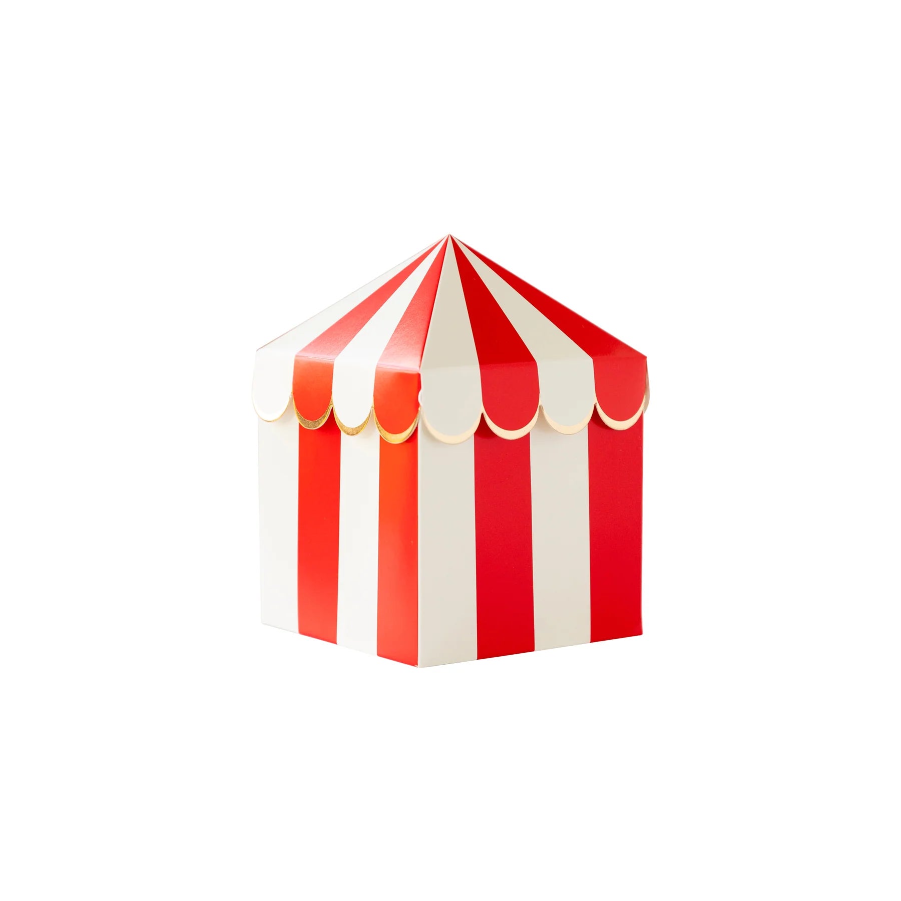 paper treat box shaped like a carnival tent with a red and white striped design