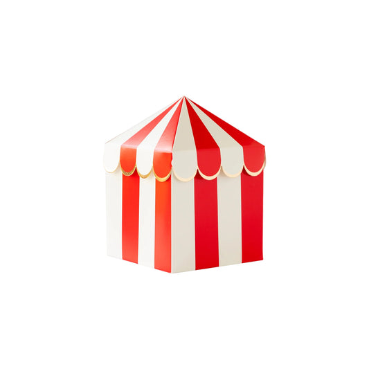 paper treat box shaped like a carnival tent with a red and white striped design